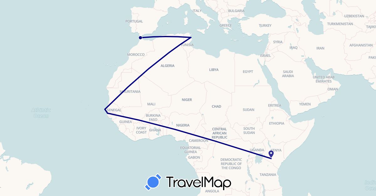 TravelMap itinerary: driving in Gambia, Kenya, Morocco, Senegal, Tunisia (Africa)